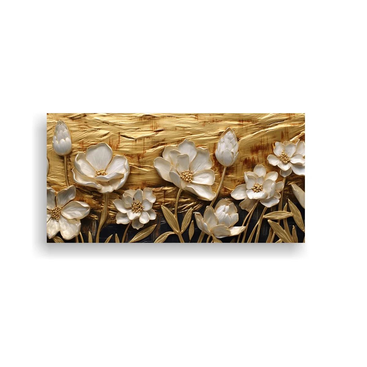 Cuadro flores blancas en relieve con fondo dorado — imagen principal