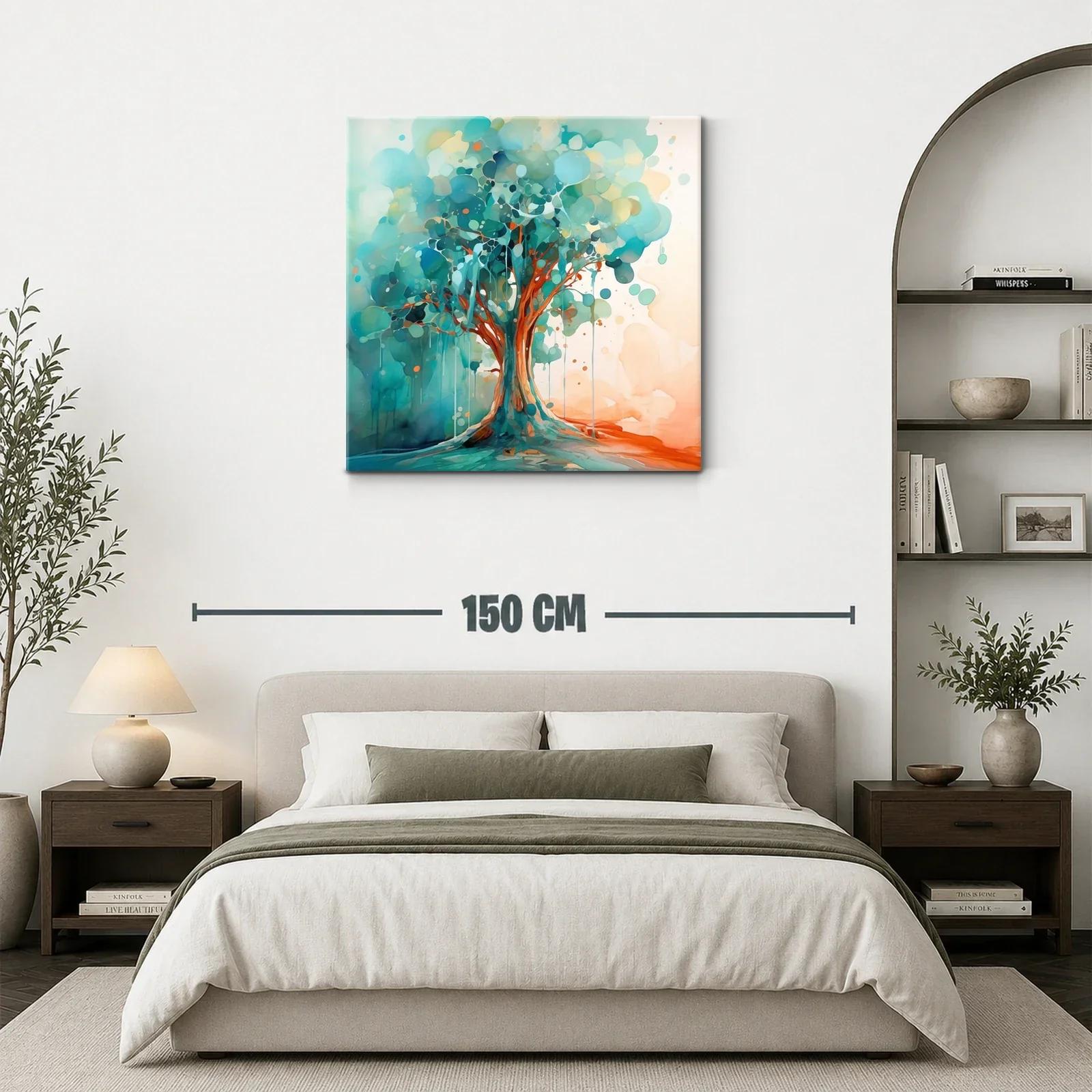Cuadro moderno con árbol en tonos azules y naranjas vibrantes — miniatura 3