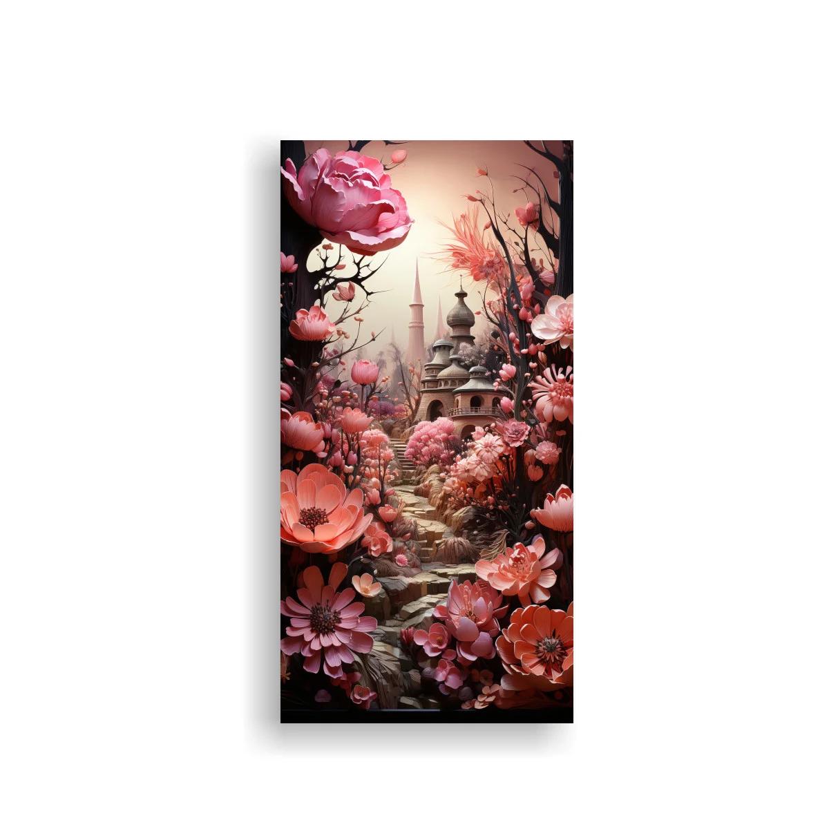 Cuadro castillo de fantasía con jardín floral y sendero de piedra