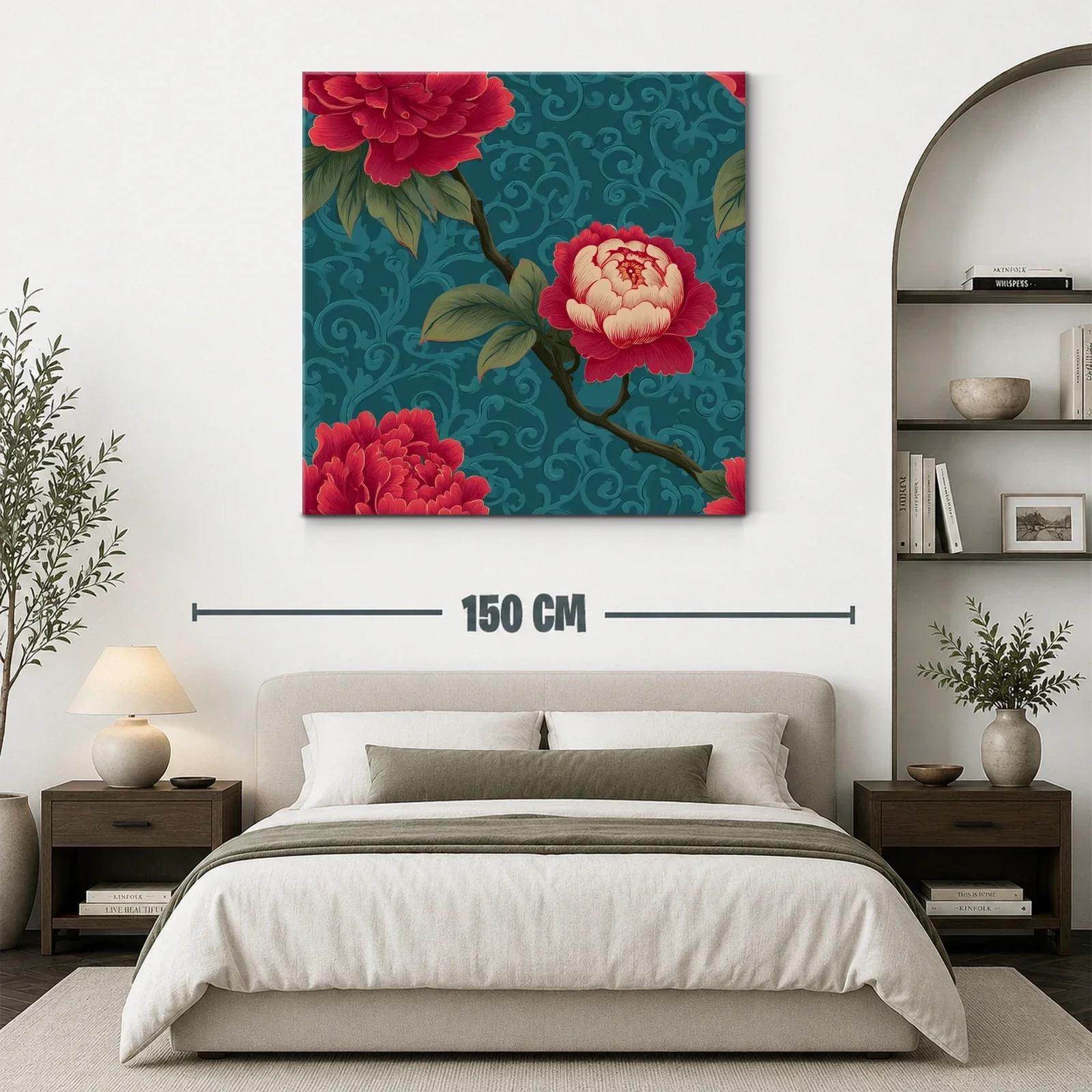 Cuadro floral con rosas rojas sobre fondo azul texturizado — miniatura 3