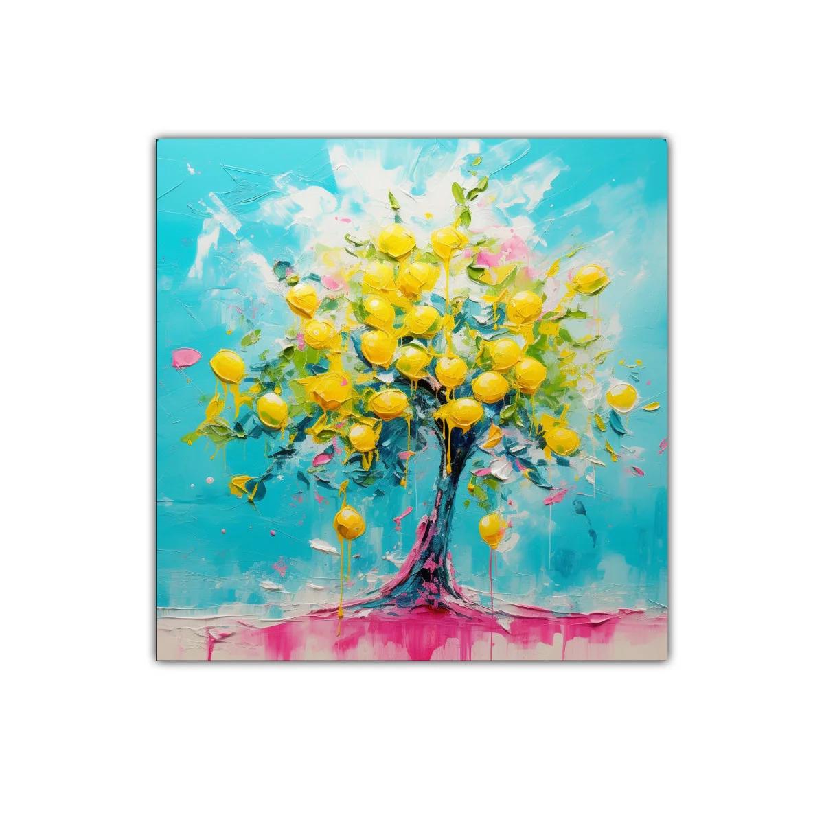 Árbol colorido con limones dorados y fondo celeste vibrante