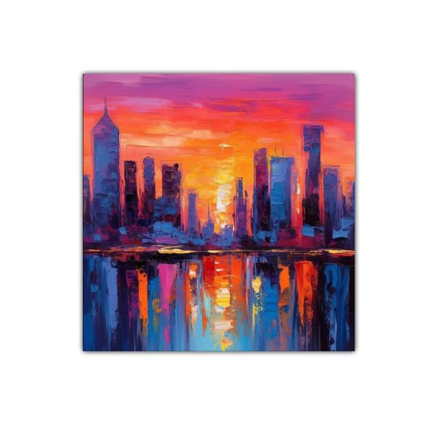 Atardecer vibrante sobre ciudad reflejada en agua