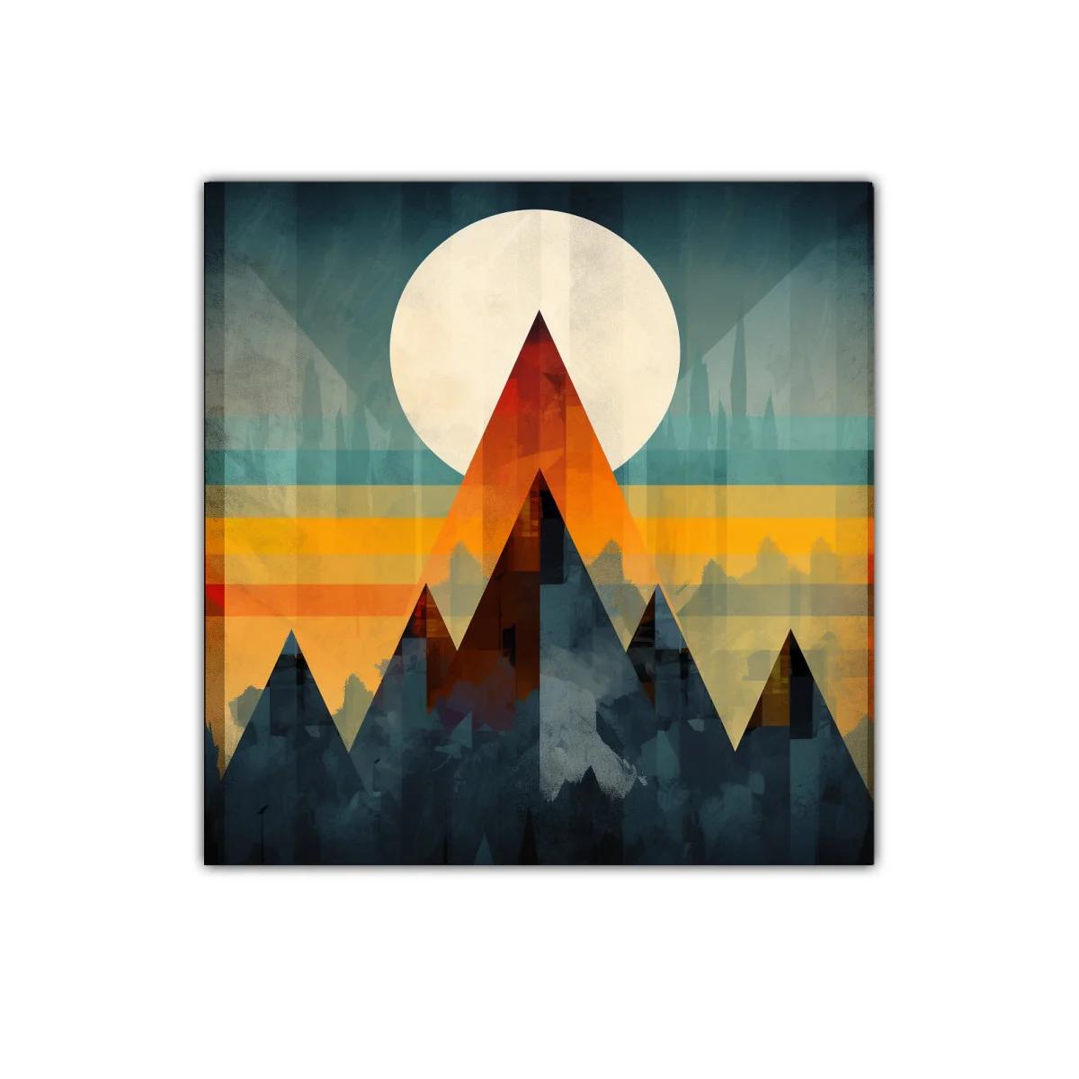 Montañas geométricas con sol radiante en tonos cálidos — imagen principal