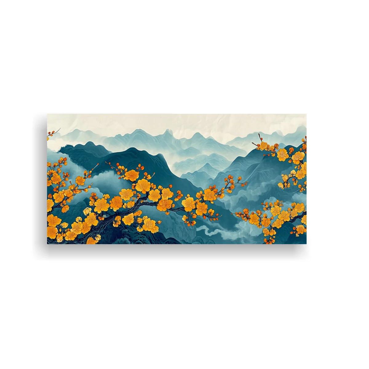 Cuadro rama de flores amarillas con bruma y montañas azules