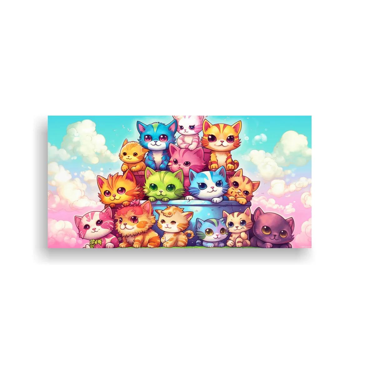 Cuadro grupo de gatitos de colores entre nubes pastel