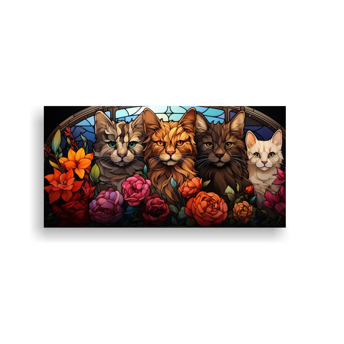 Cuadro cinco gatos entre flores y vidriera floral — imagen principal