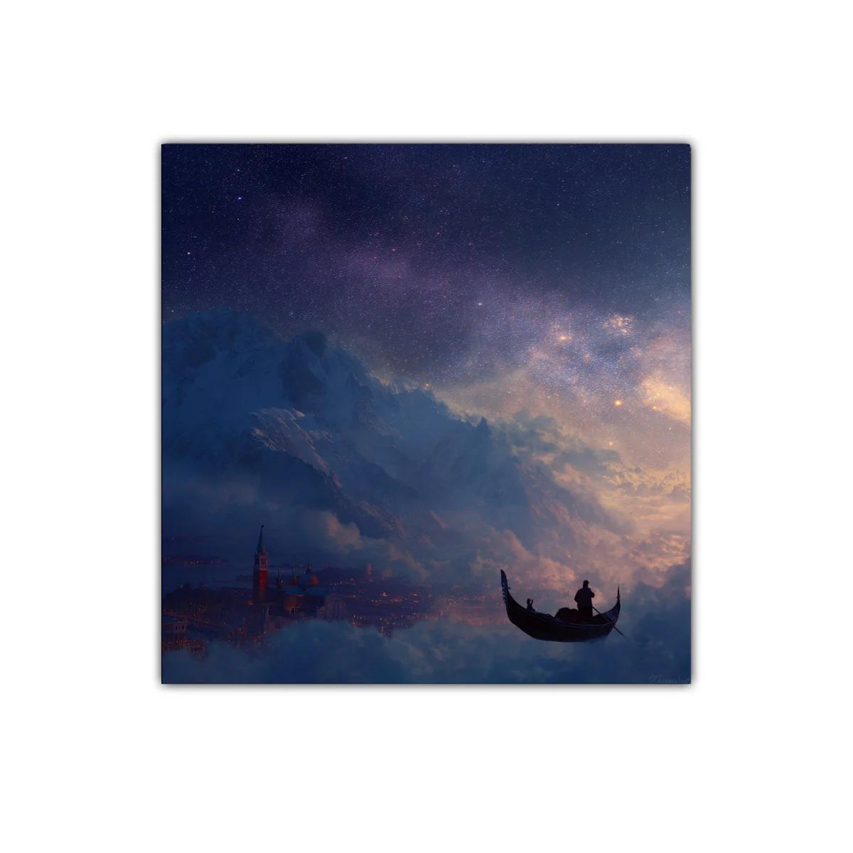 Paisaje nocturno con góndola flotante y cielo estrellado — imagen principal