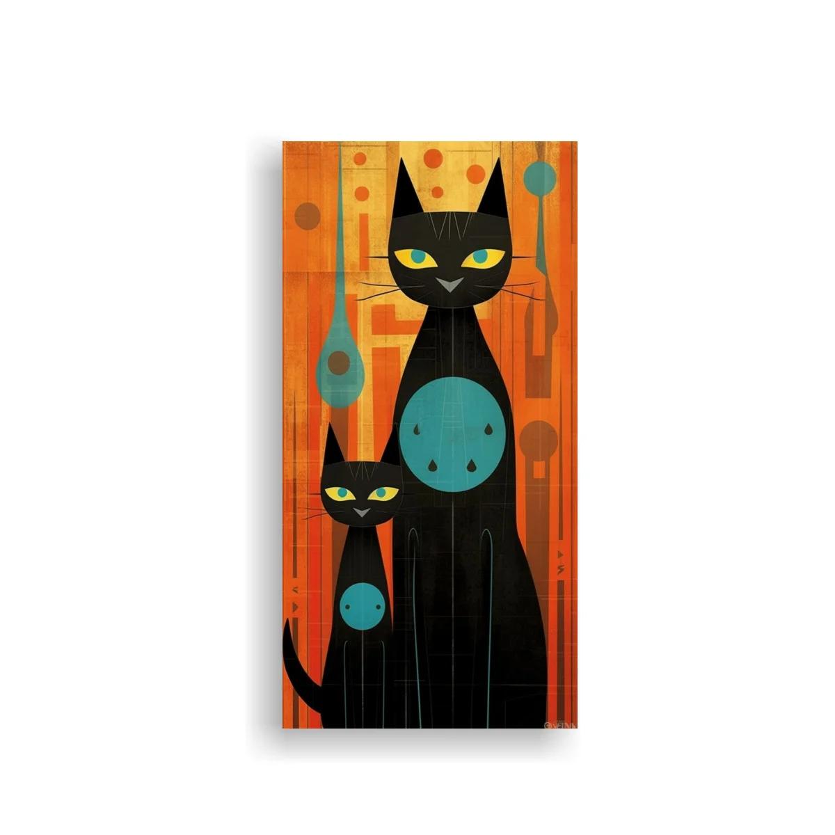 Cuadro gato negro y gatito sobre fondo naranja