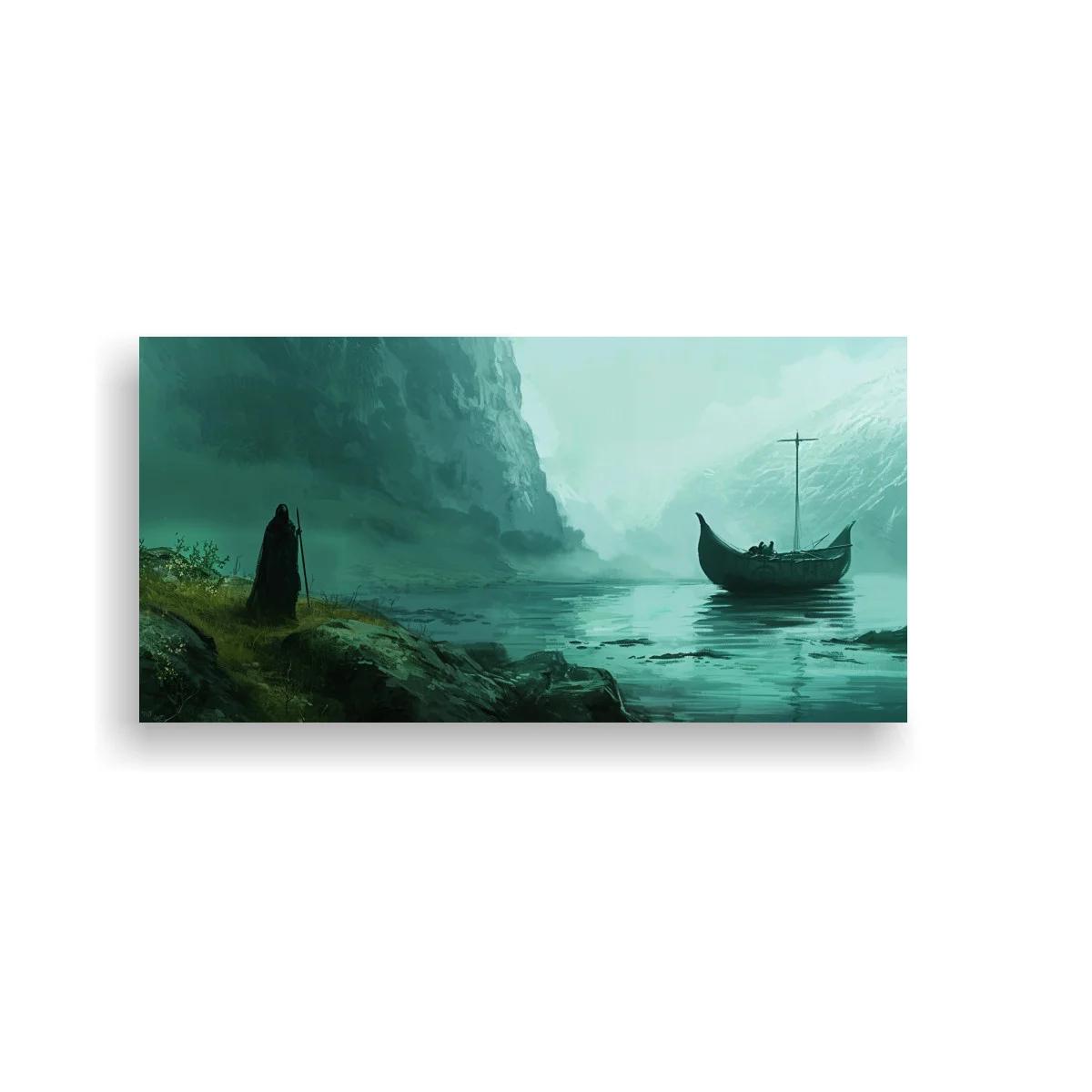 Cuadro barca vikinga rodeada por acantilados y niebla