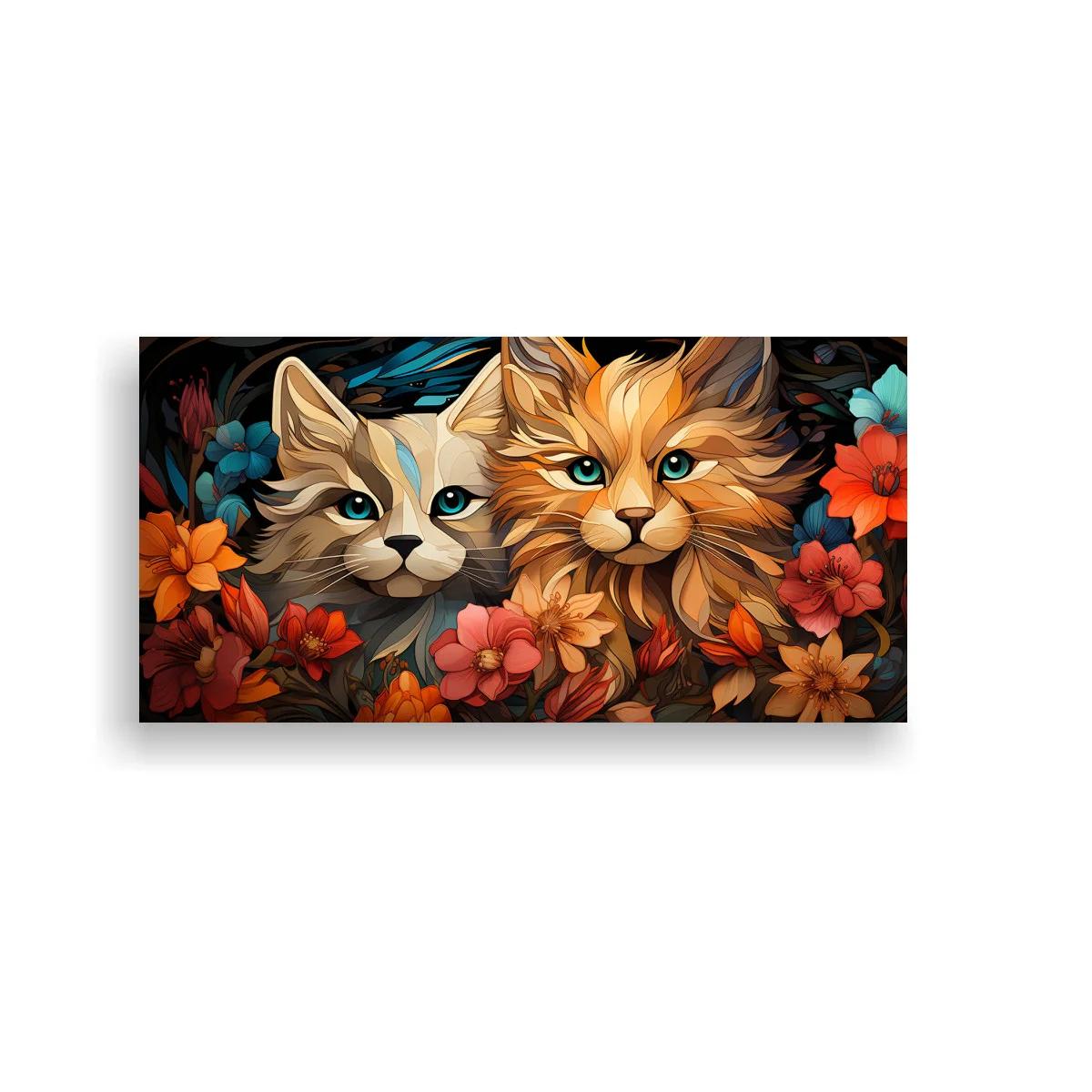 Cuadro dos gatos de pelo largo entre flores