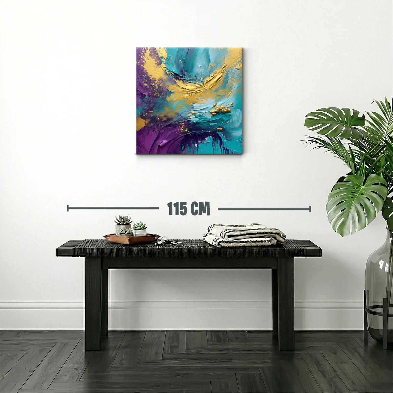 Cuadro abstracto vibrante en tonos turquesa y dorado — miniatura 2