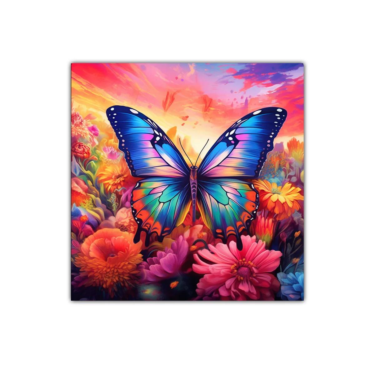 Mariposa multicolor sobre un jardín en atardecer vibrante