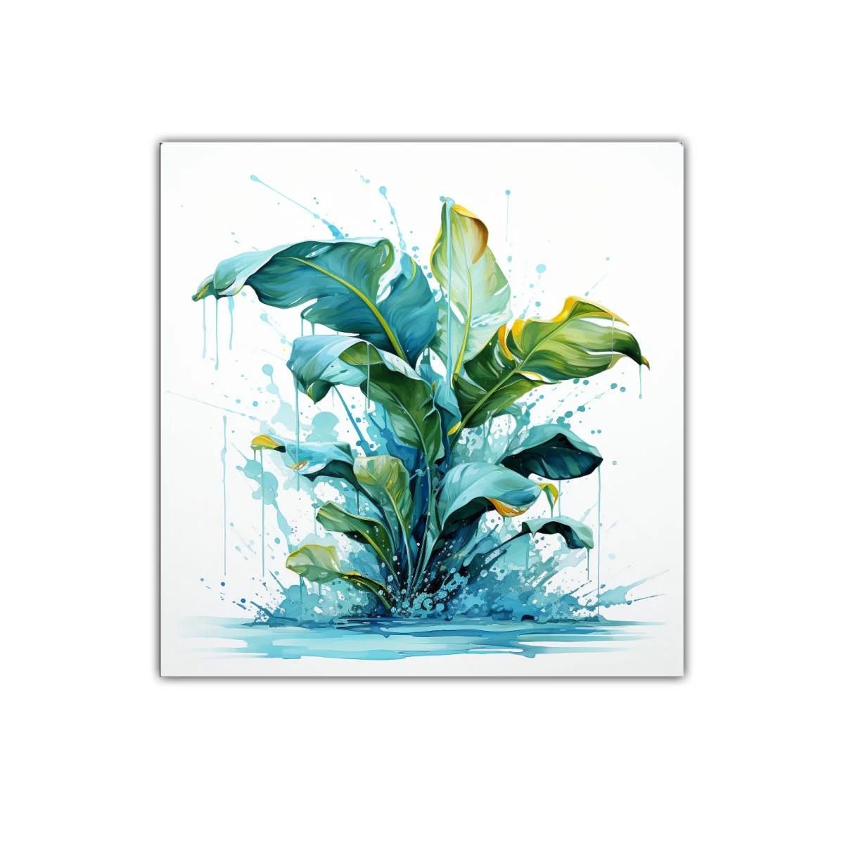 Cuadro decorativo con hojas verdes y salpicaduras azules — imagen principal