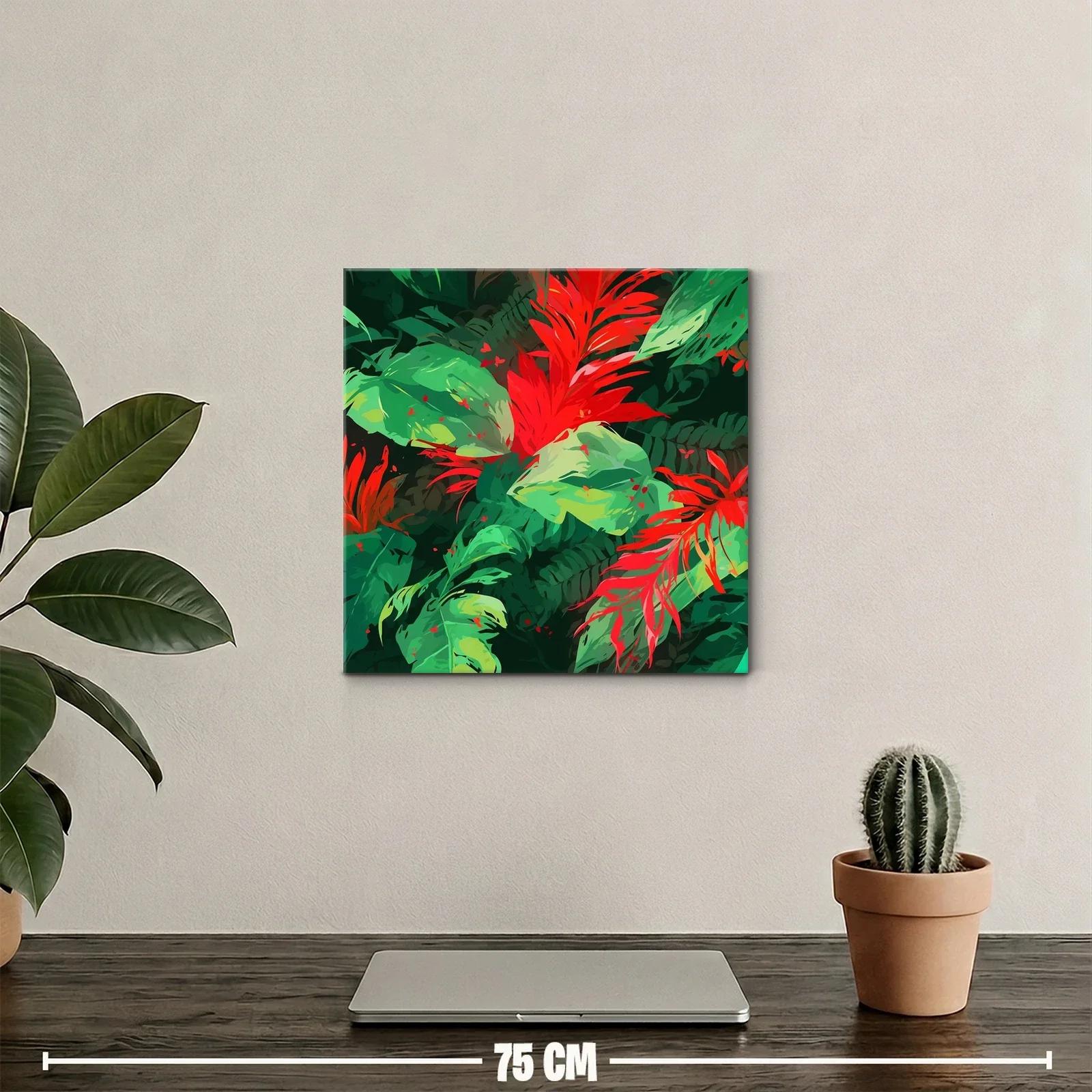 Vibrante cuadro con hojas y flores tropicales rojas y verdes — miniatura 2