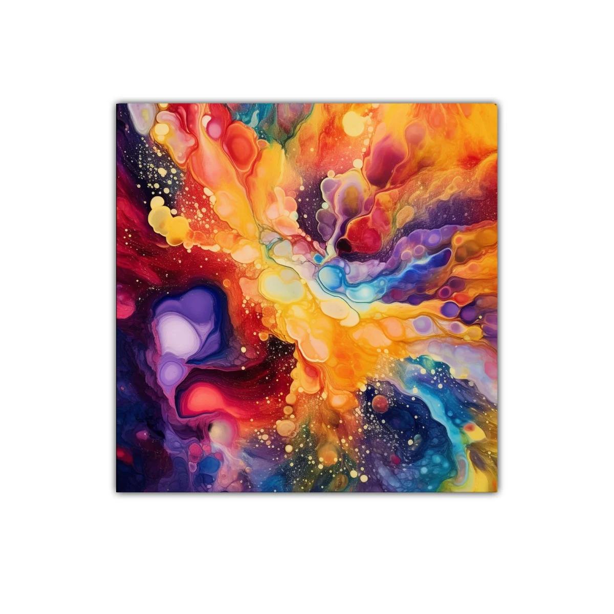 Cuadro abstracto con explosión de colores vibrantes y formas fluidas