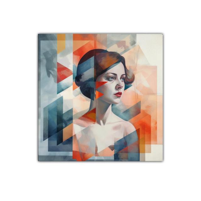 Retrato femenino con formas geométricas en tonos cálidos