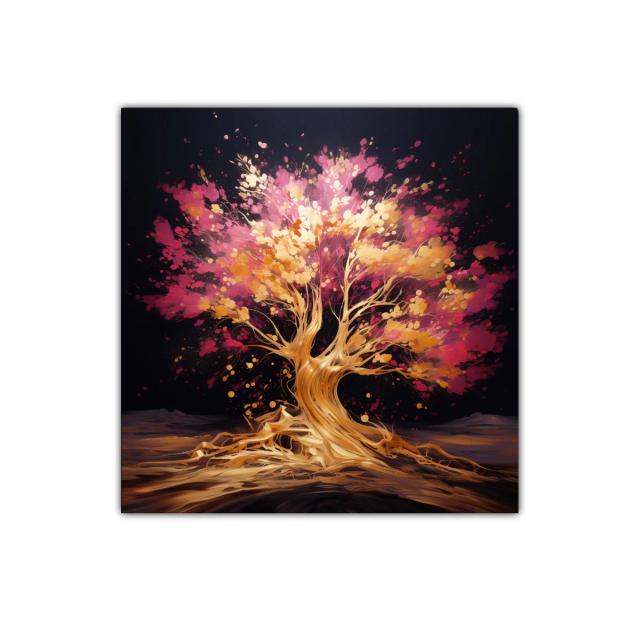 Árbol vibrante con tonos dorados y rosas en fondo oscuro