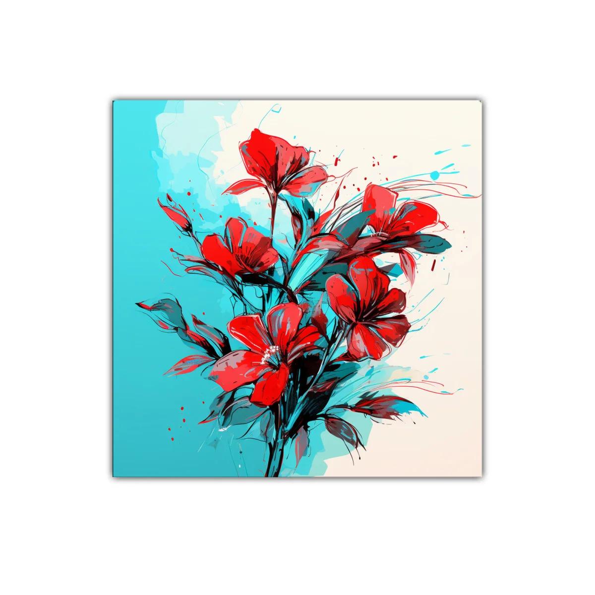 Ramo vibrante de flores rojas sobre fondo azul y beige