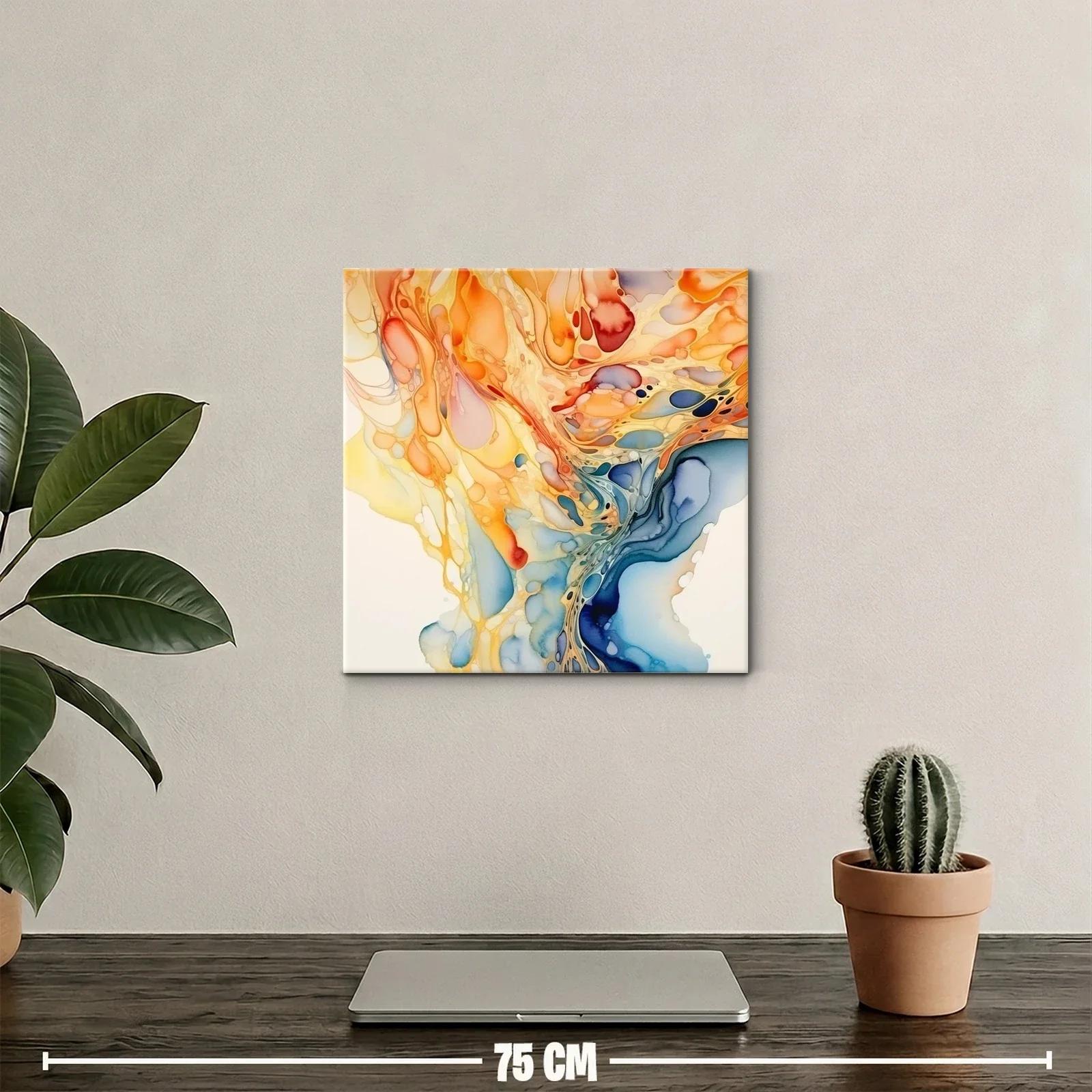 Cuadro abstracto en tonos cálidos y fríos con dinámica fluida — miniatura 2