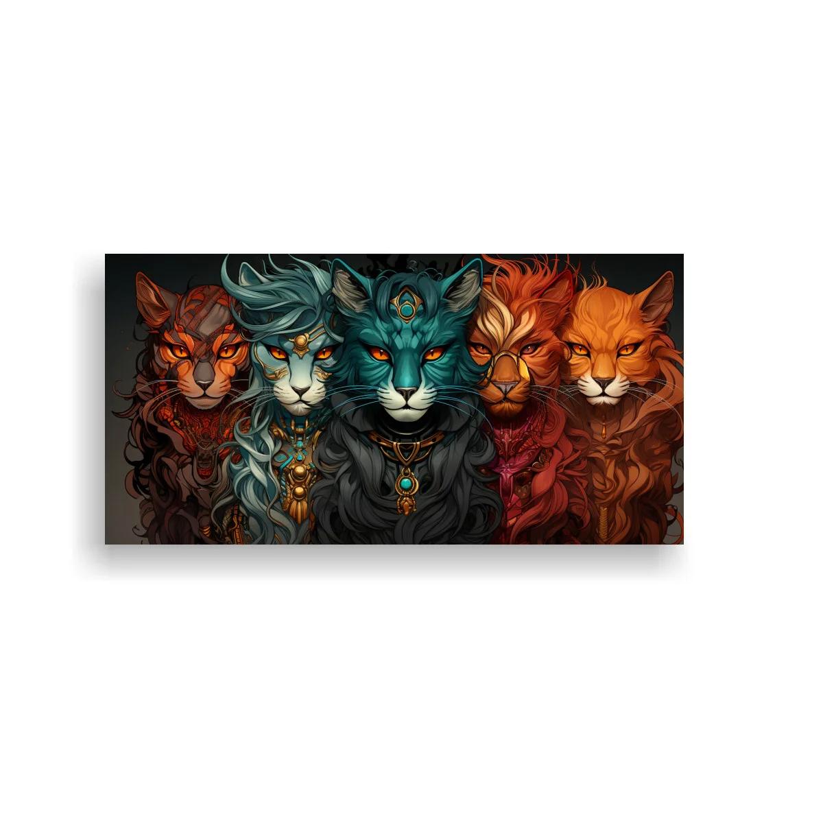 Cuadro cinco gatos de pelo largo con collares ornamentales