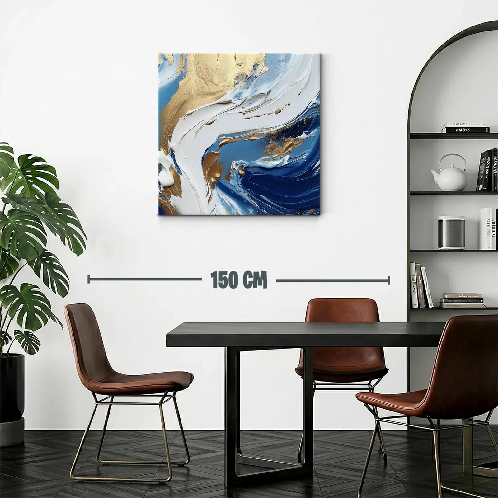 Cuadro abstracto con tonos dorados y azules en movimiento — miniatura 2