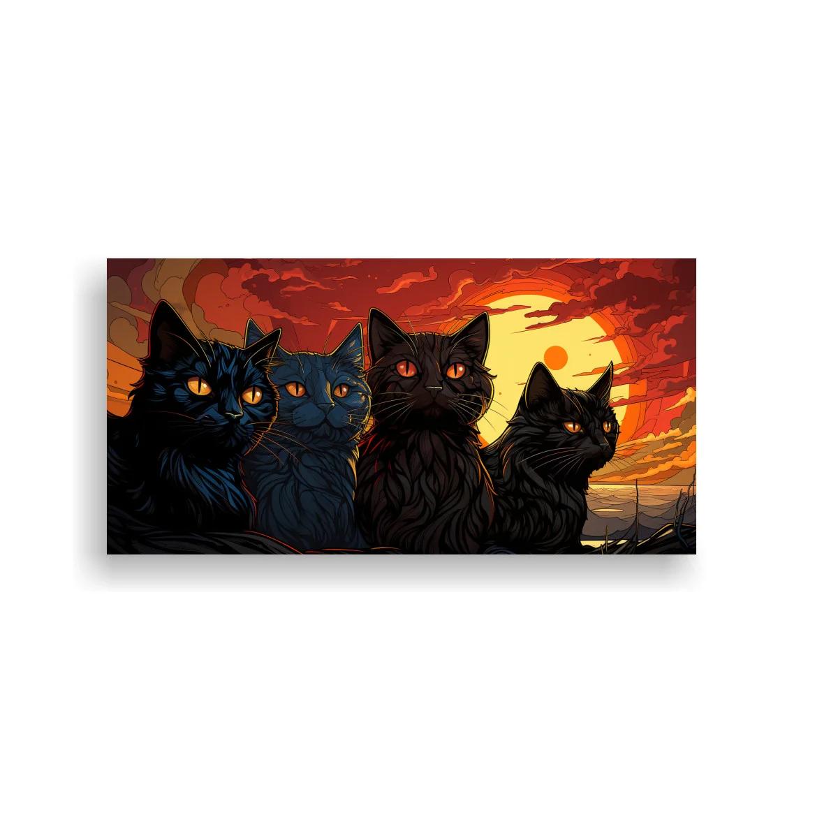 Cuadro grupo de gatos negros con atardecer intenso