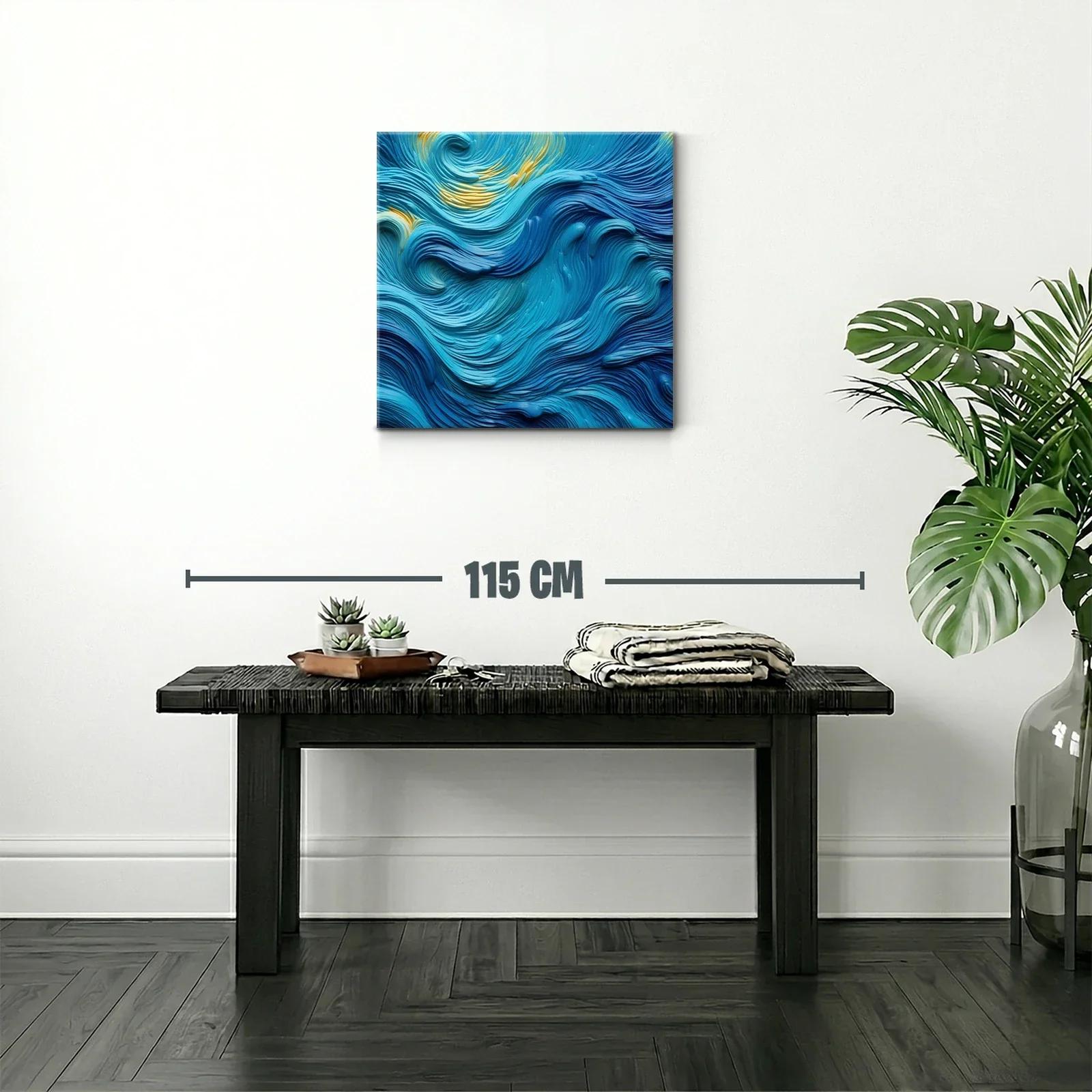 Cuadro abstracto con ondas en tonos azules y toques dorados — miniatura 2