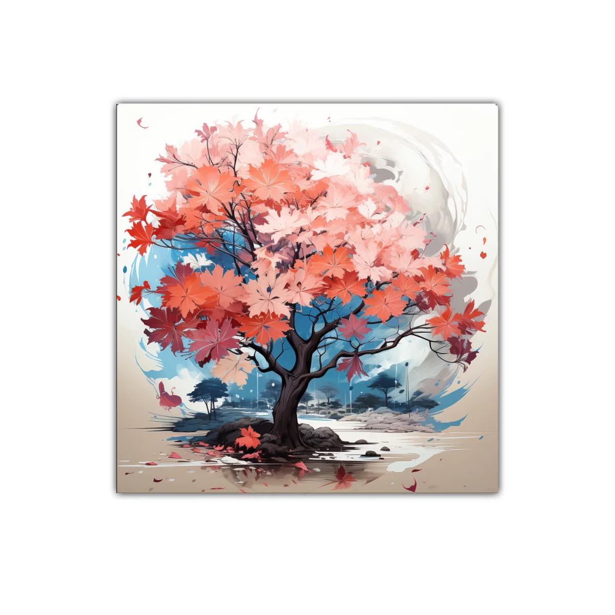 Árbol con hojas rojas en paisaje sereno y colorido — imagen principal