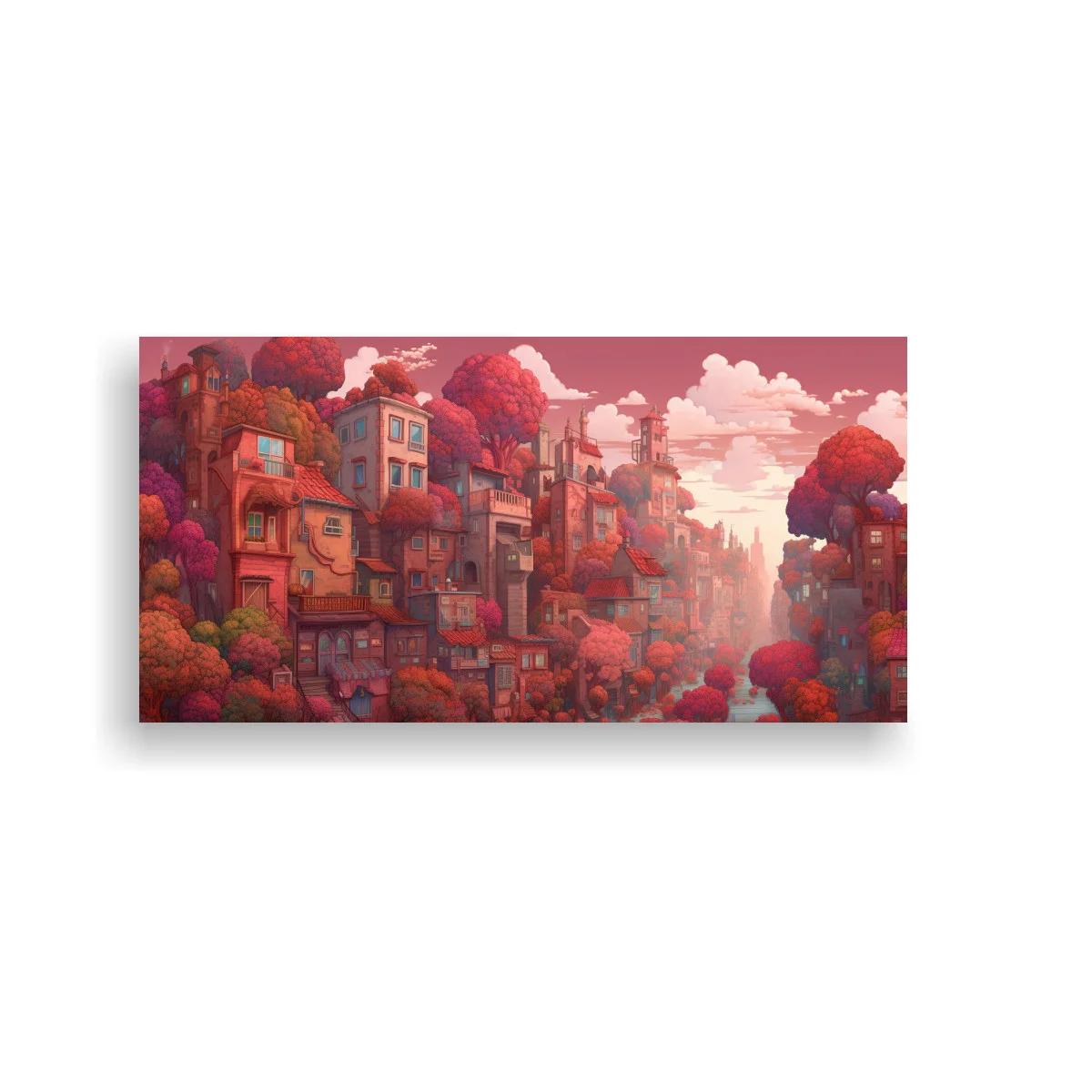 Cuadro pueblo de fantasía entre árboles rosados