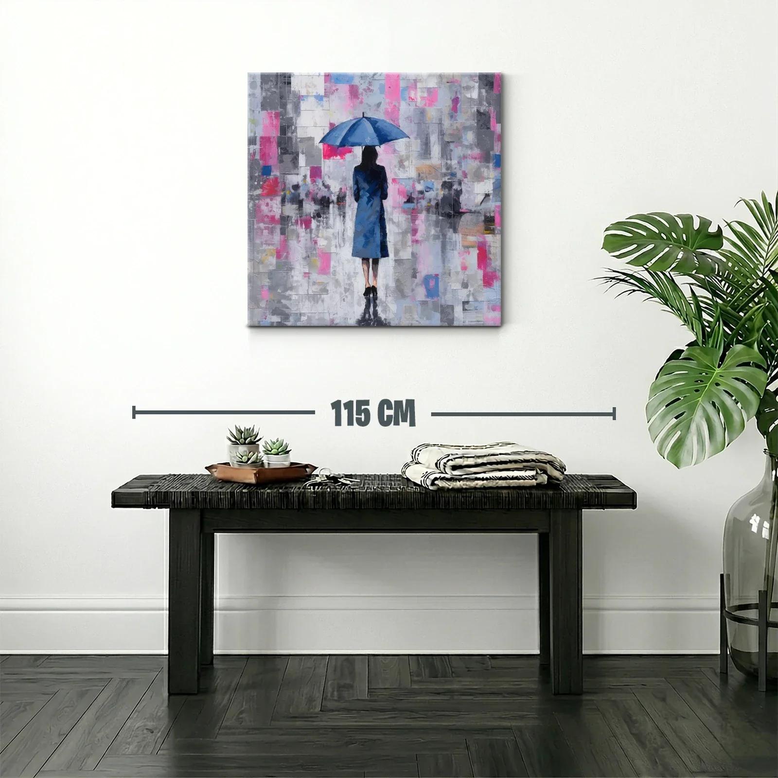 Mujer con paraguas azul en paisaje urbano abstracto — miniatura 2