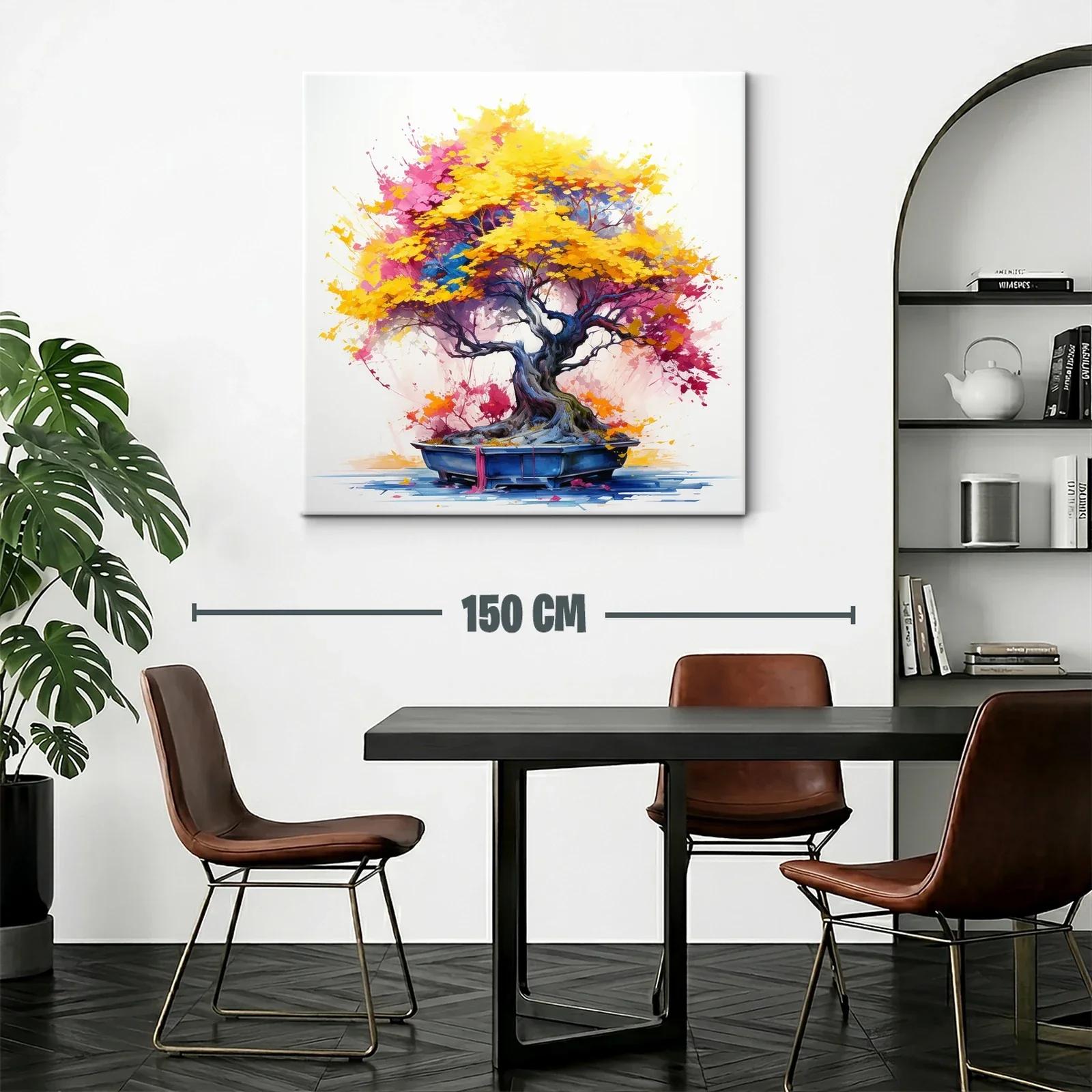 Árbol de bonsái con vibrantes hojas otoñales en amarillo y rosa — miniatura 2