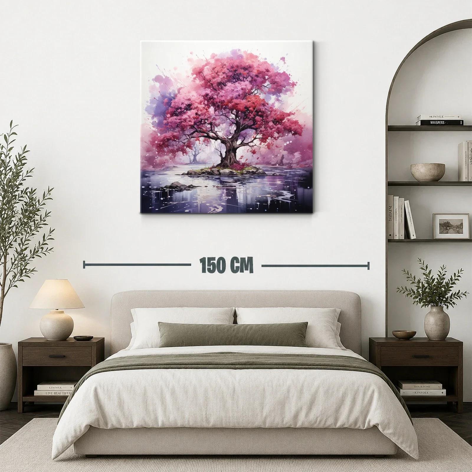 Árbol rosa vibrante sobre isla en lago sereno — miniatura 3