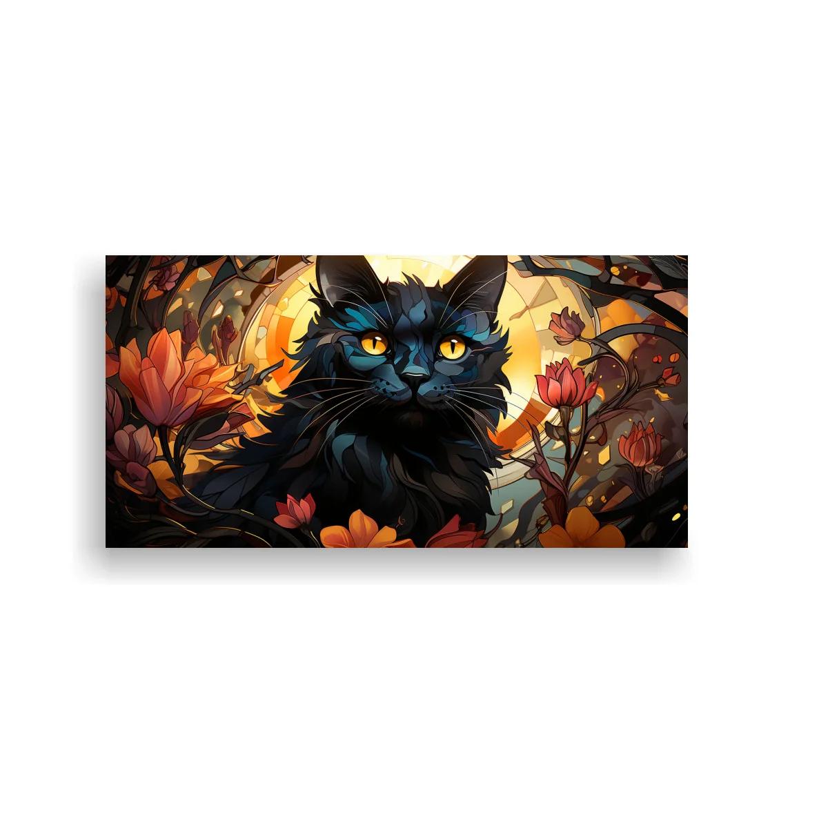 Cuadro gato negro con halo lunar y flores coral