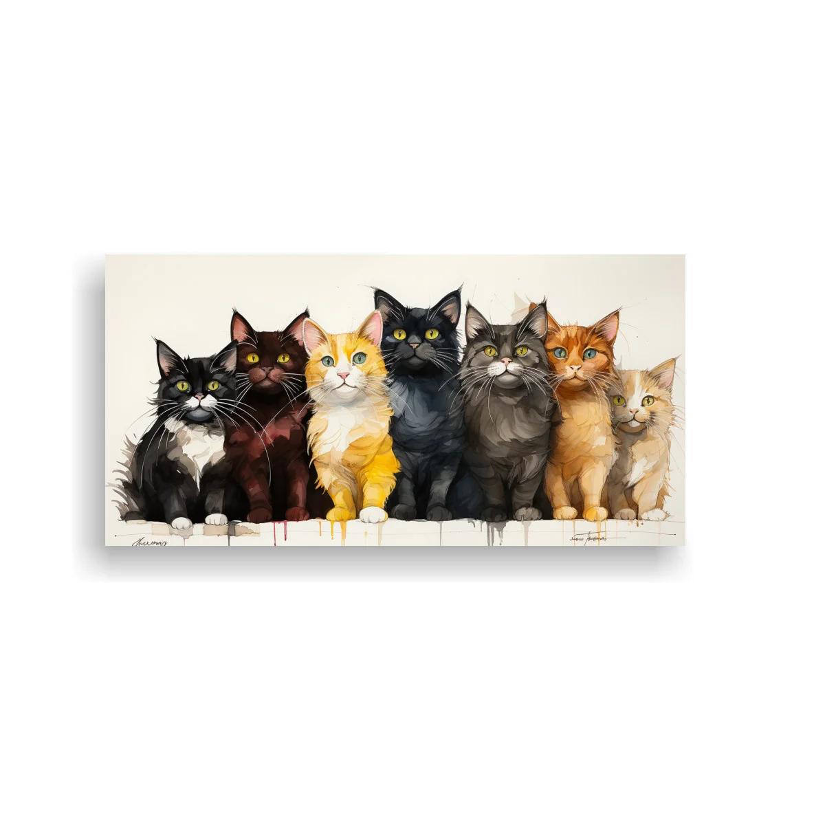 Cuadro seis gatos alineados con pelajes variados