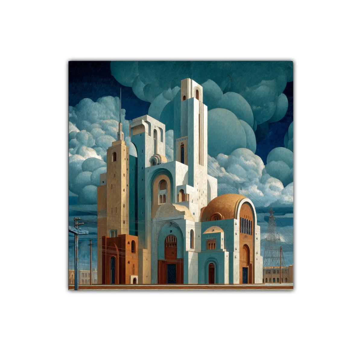 Arquitectura surrealista en tonos tierra y azul profundo — imagen principal