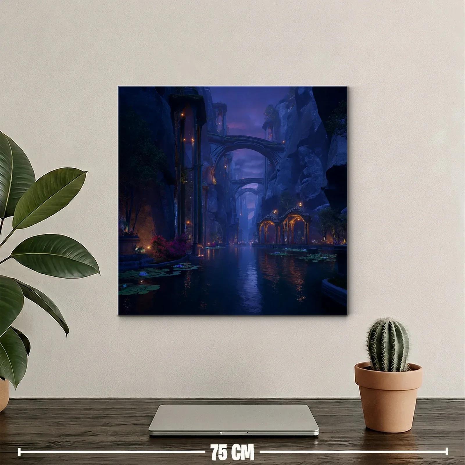 Paisaje nocturno místico en cañón con arcos iluminados — miniatura 2