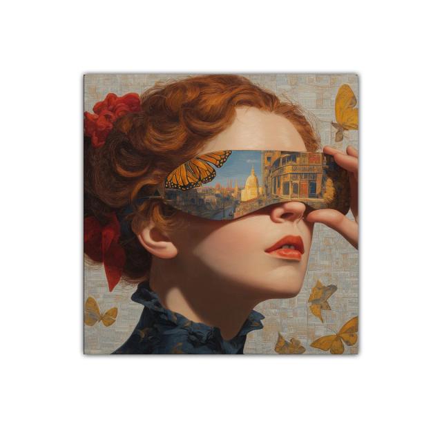 Rostro femenino con reflejo urbano y mariposas doradas