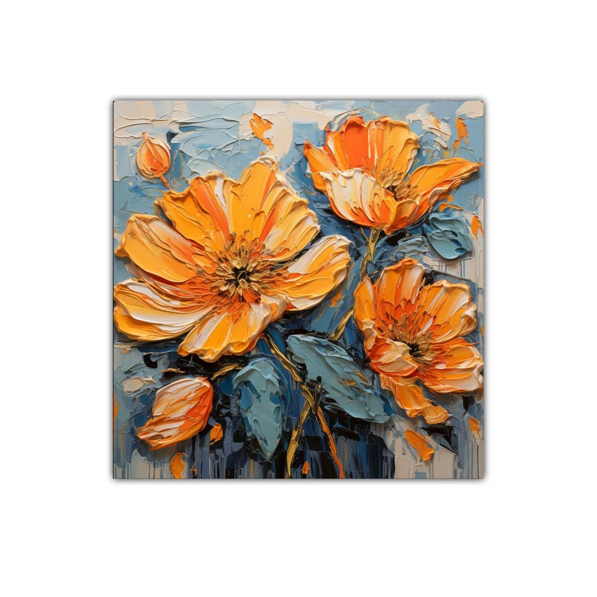 Cuadro floral con vibrantes tonalidades naranjas y azules — imagen principal
