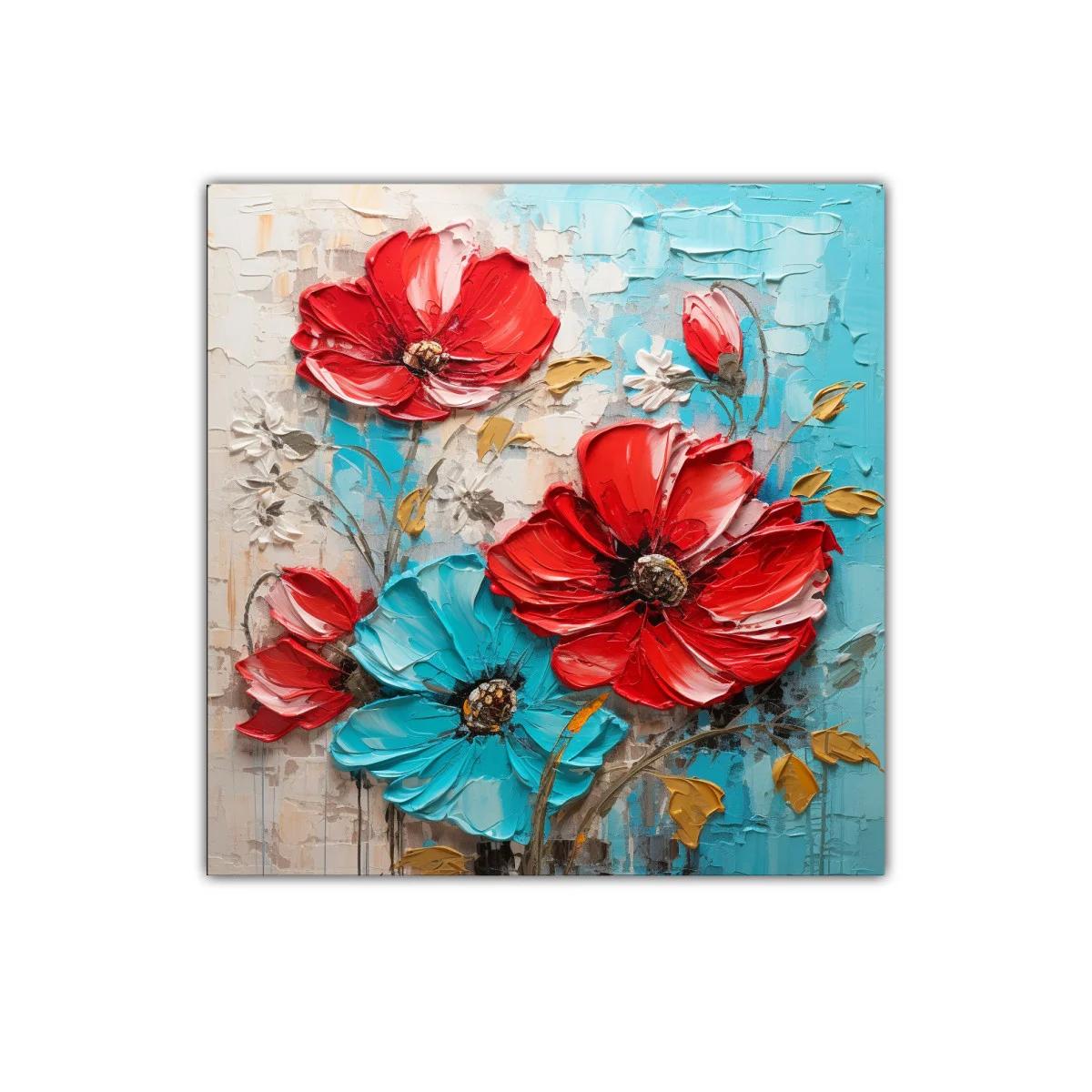Cuadro decorativo con flores vibrantes en rojo y azul turquesa — imagen principal