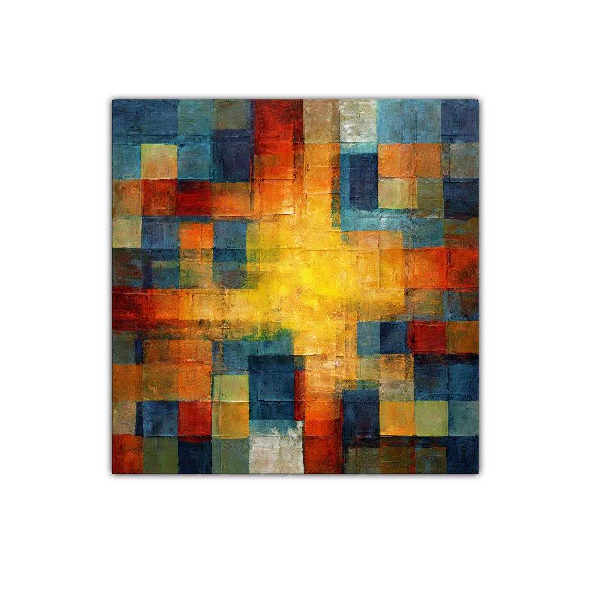 Cuadro abstracto con vibrantes bloques de color cálido y frío