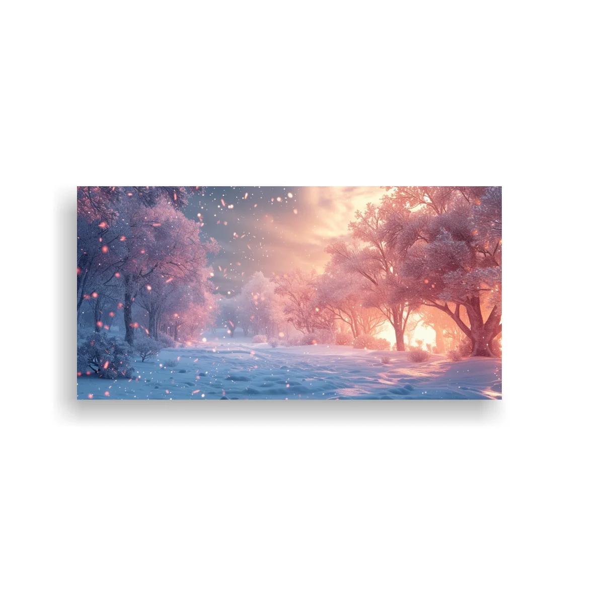 Cuadro bosque nevado al atardecer con copos brillantes — imagen principal