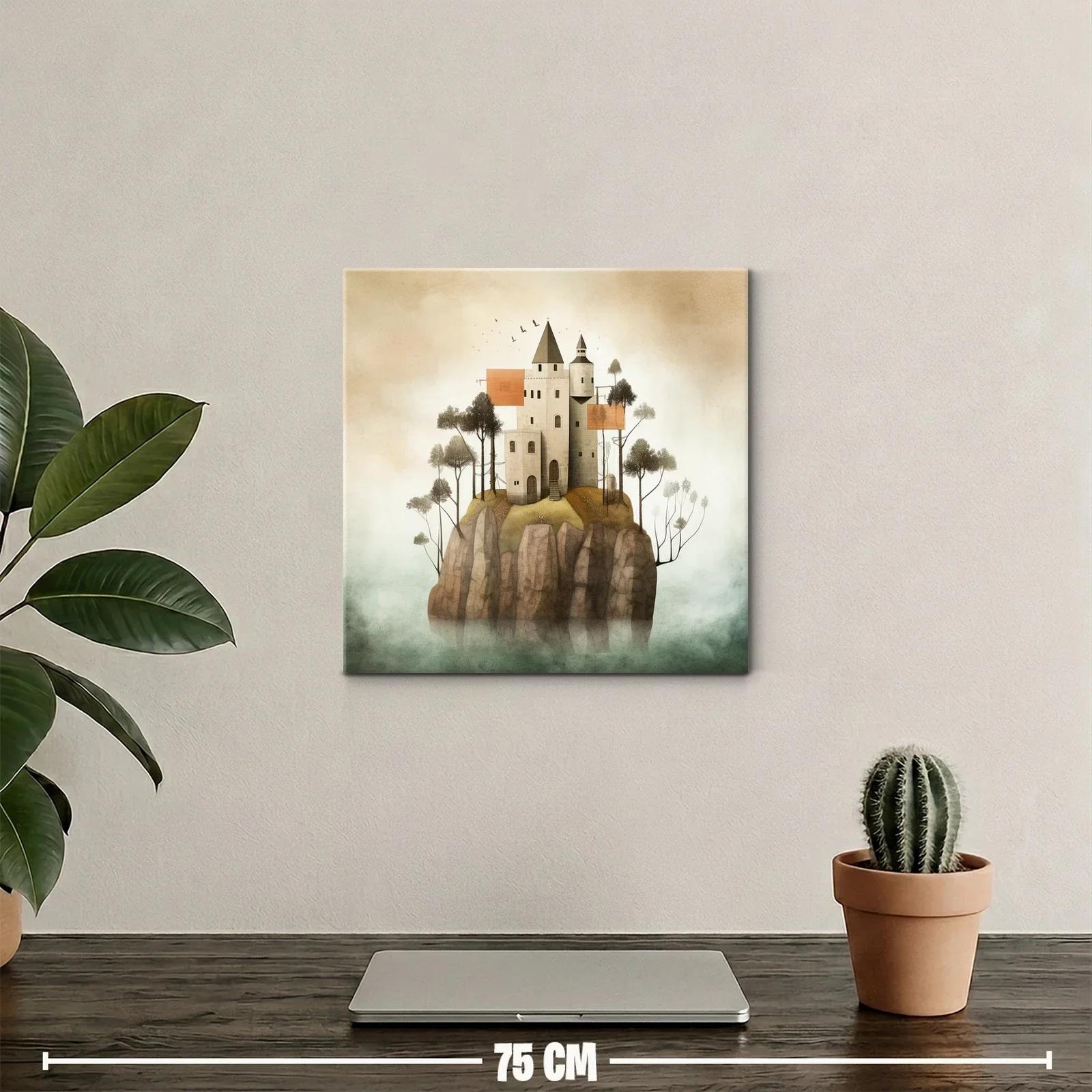 Castillo en isla rocosa con árboles y cielo brumoso — miniatura 2