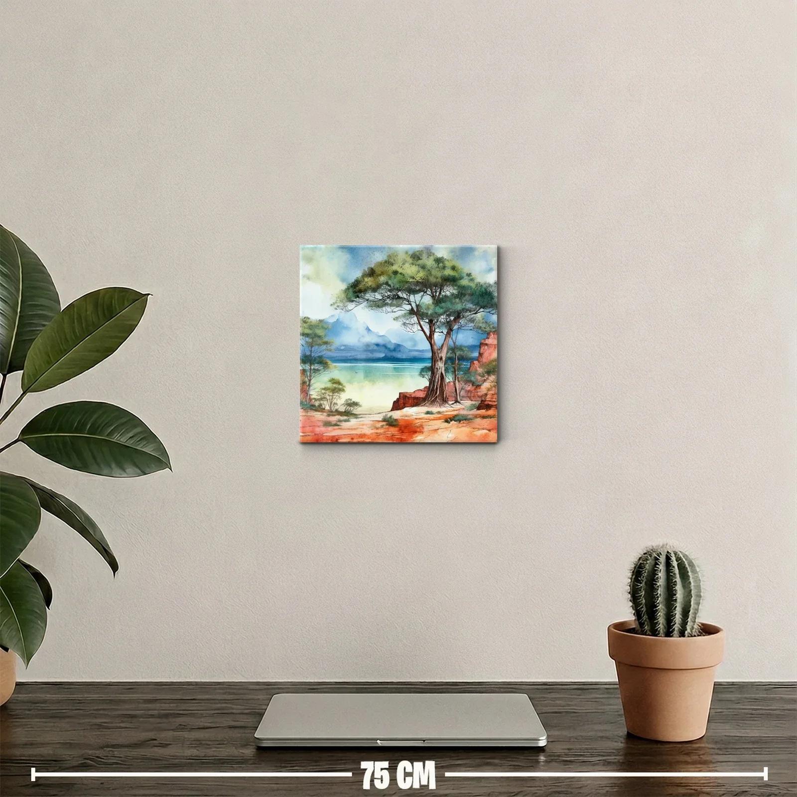 Paisaje natural con árbol y costa azul en tonos cálidos — miniatura 2