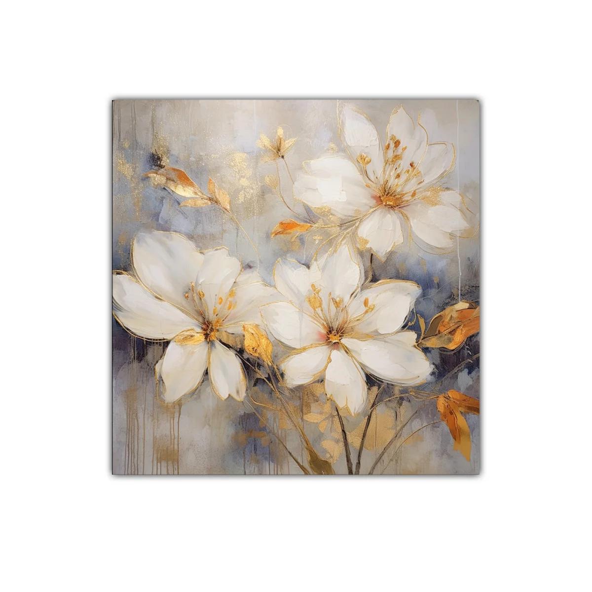 Cuadro decorativo de flores blancas con detalles dorados — imagen principal