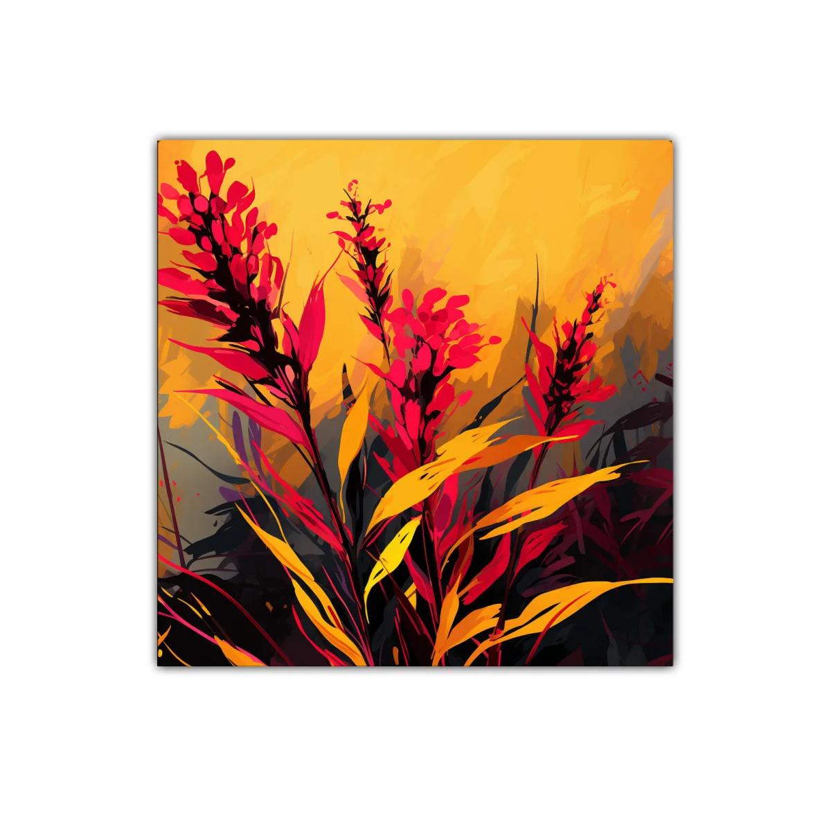 Cuadro decorativo con flores rojas y hojas doradas vibrantes — imagen principal
