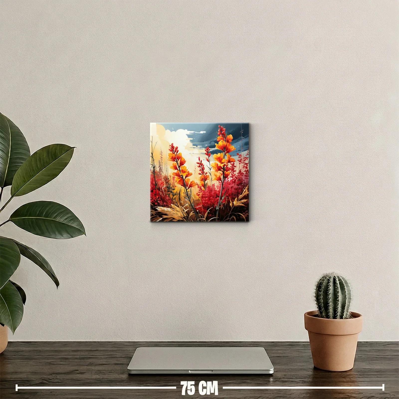 Cuadro con flores naranjas vibrantes y fondo dramático — miniatura 2