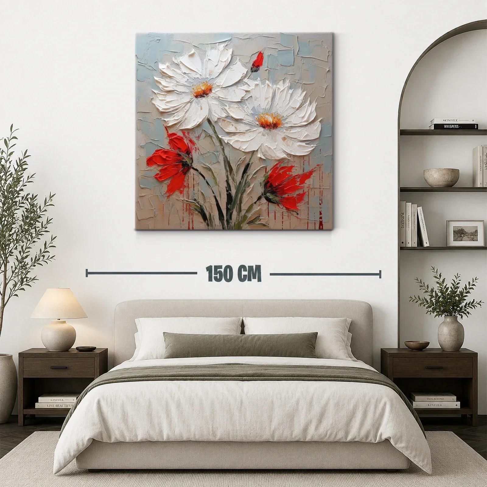 Cuadro floral en relieve con margaritas blancas y acentos rojos — miniatura 3