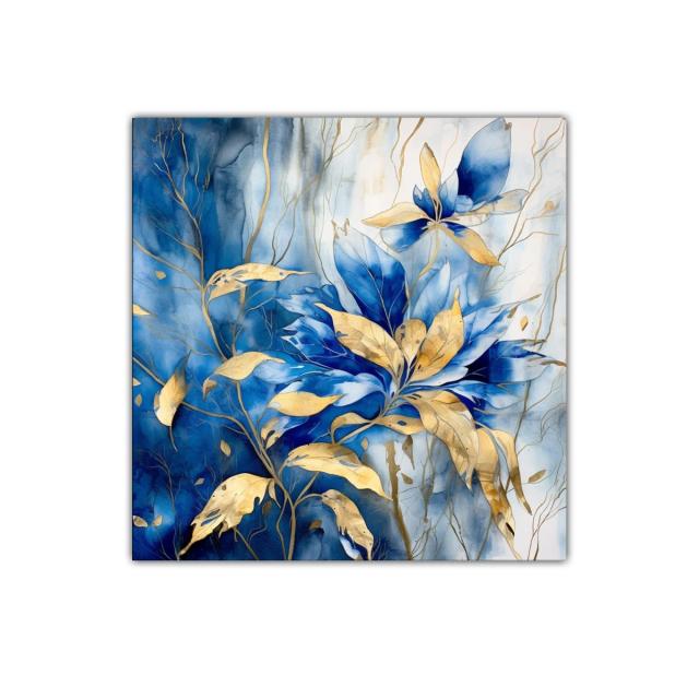 Cuadro floral con contrastes en azul y dorado elegante
