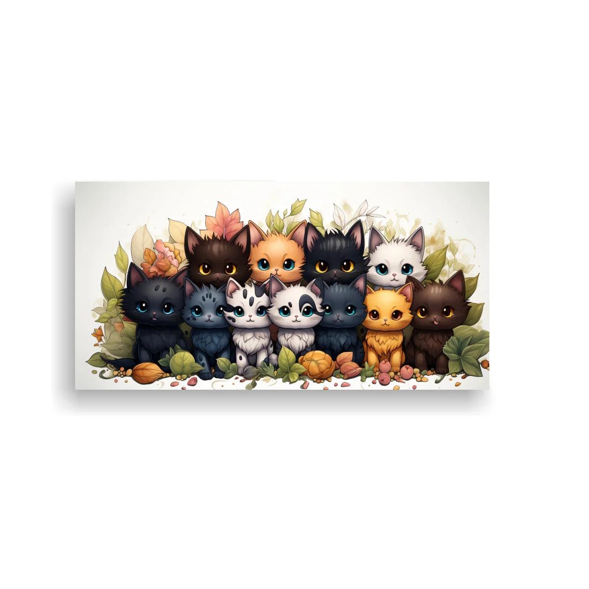 Cuadro grupo de gatitos con bayas y hojas otoñales