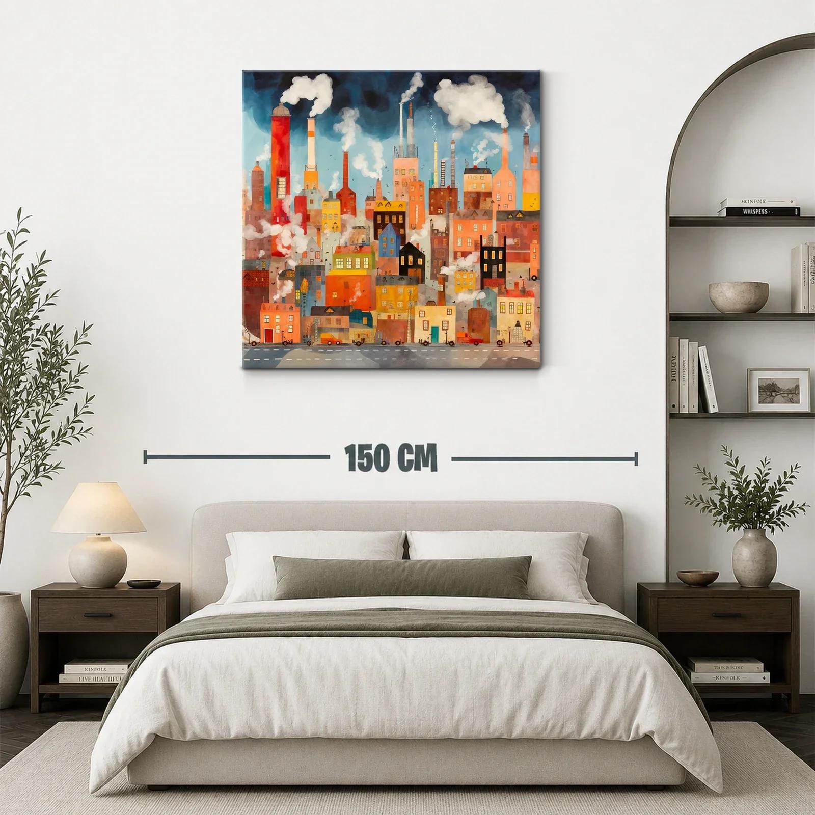 Ciudad industrial con chimeneas y humo en tonos cálidos — miniatura 3